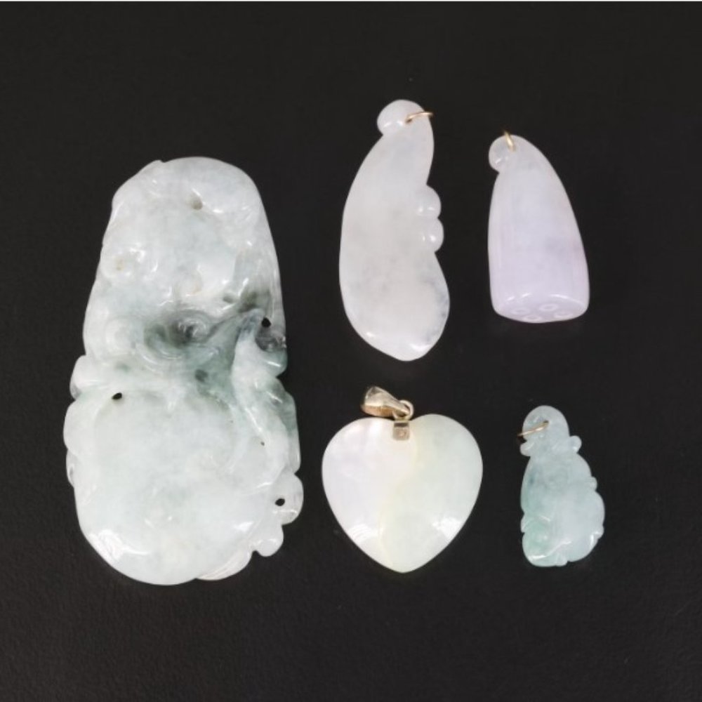 14K Gold Carved Jadeite and Mother-of-Pearl Pendants - Picture 6 of 8